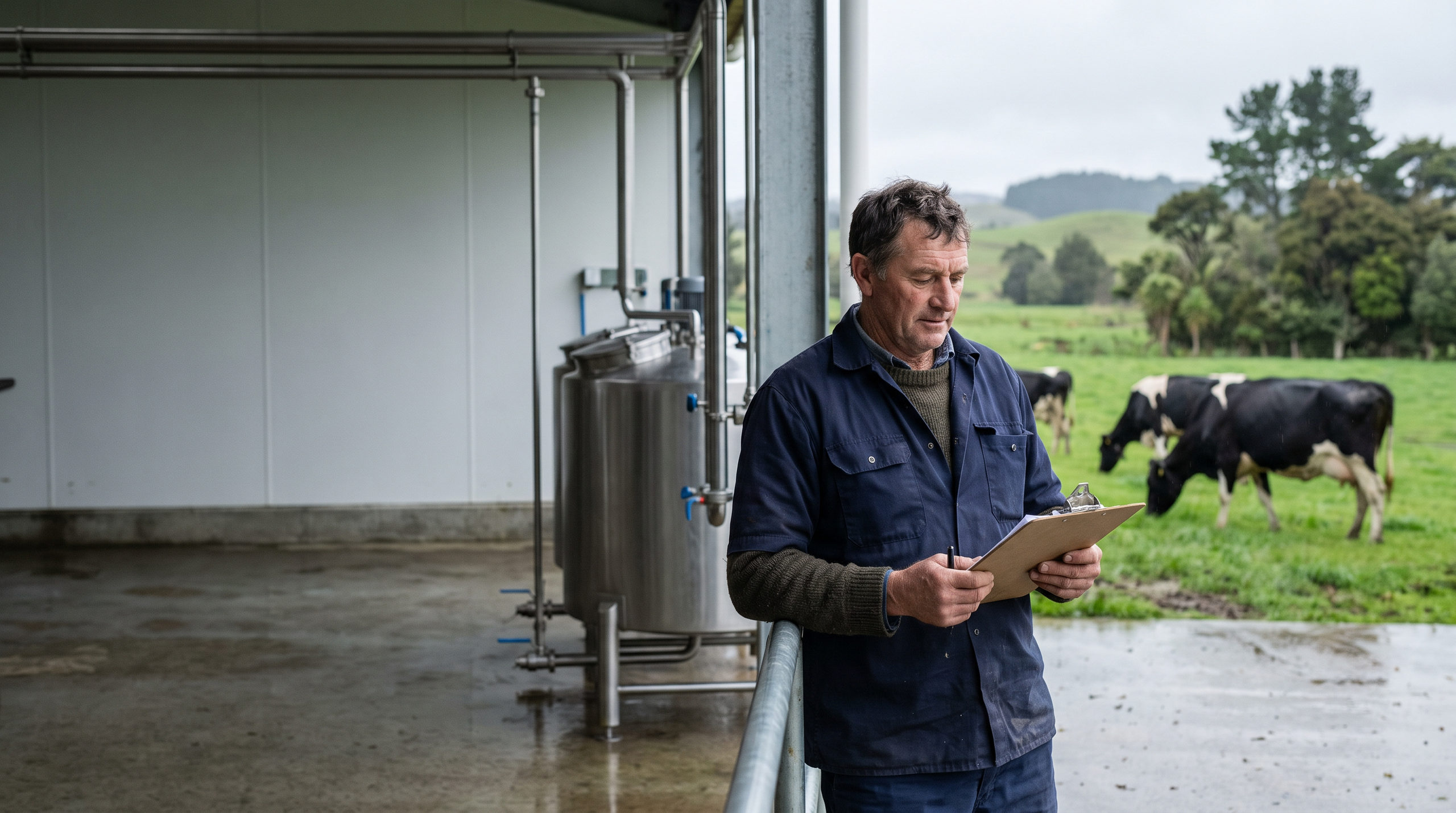 New Zealand dairy farmer reviewing records beside clean milk handling equipment at a Northland farm