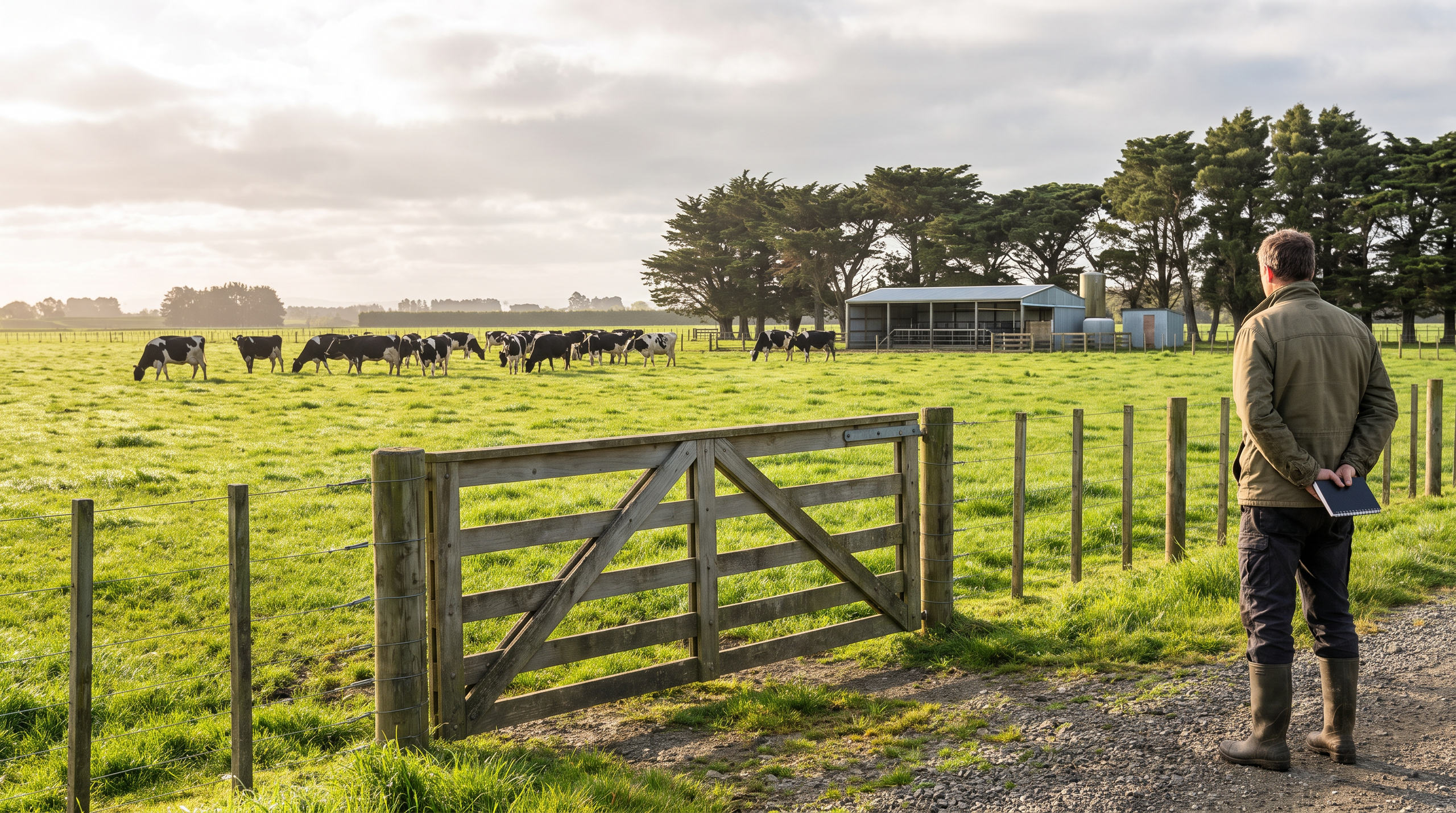 New Zealand dairy farmer checking spring pasture from a farm boundary