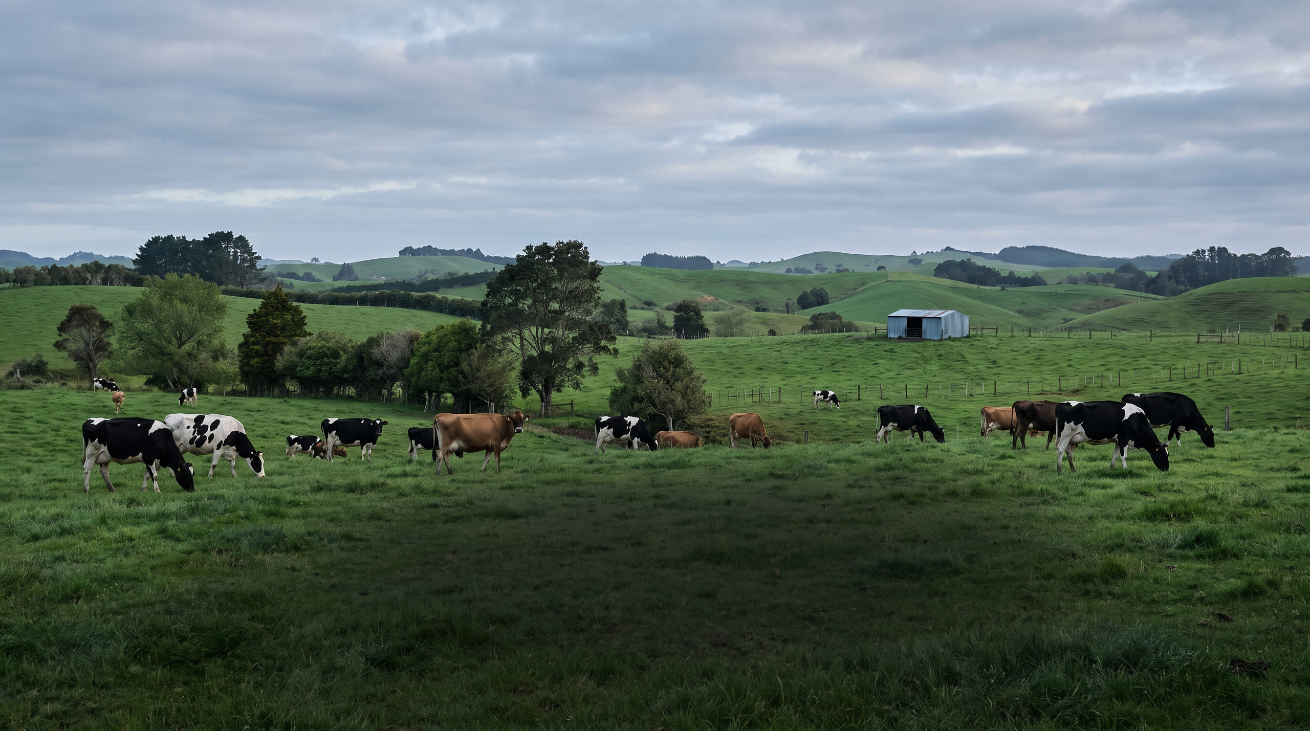 Dairy cows grazing in spring pasture on a New Zealand farm with rolling hills in the distance