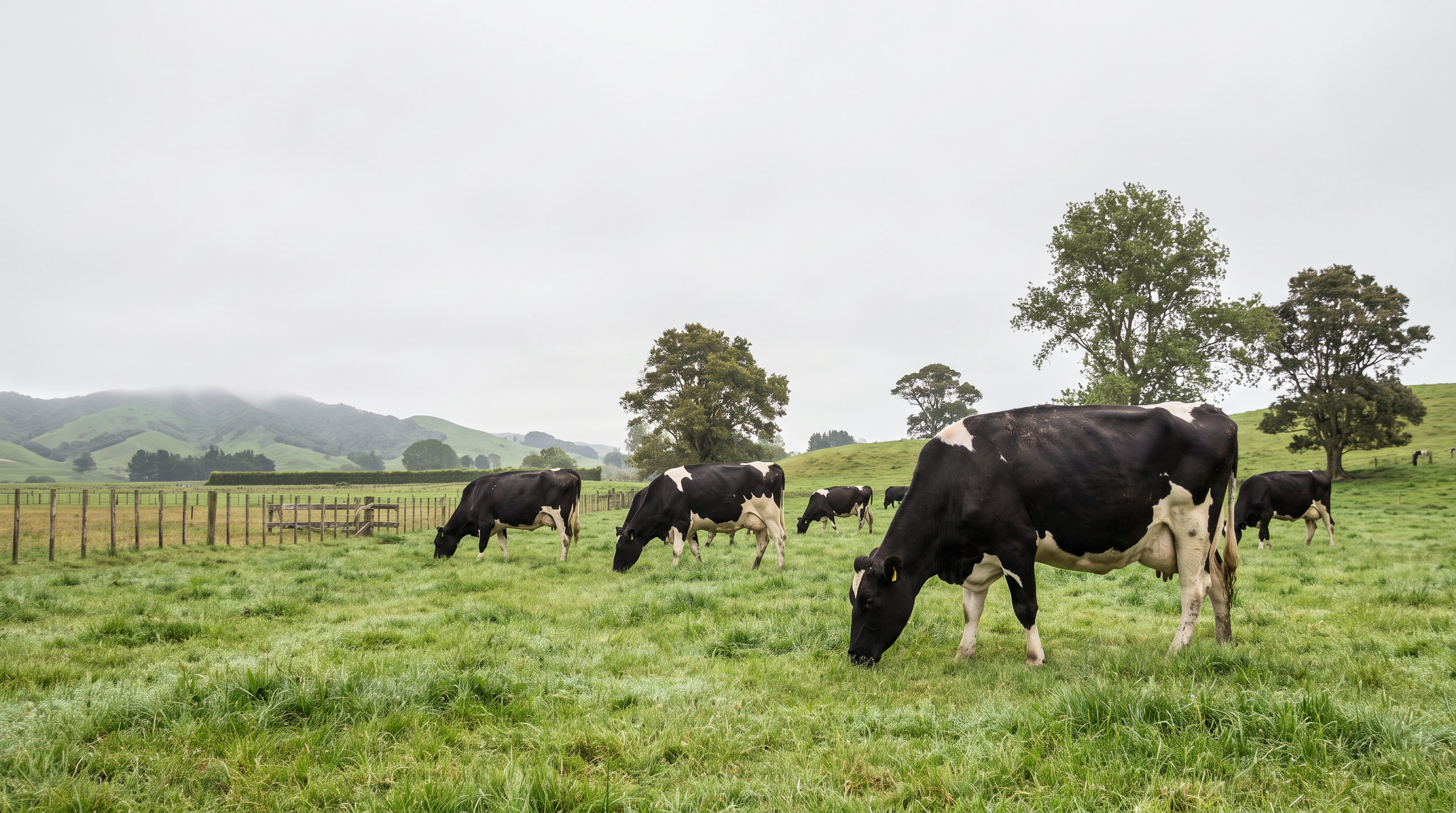 Friesian dairy cows grazing on green spring pasture in a representative Waikato farm landscape