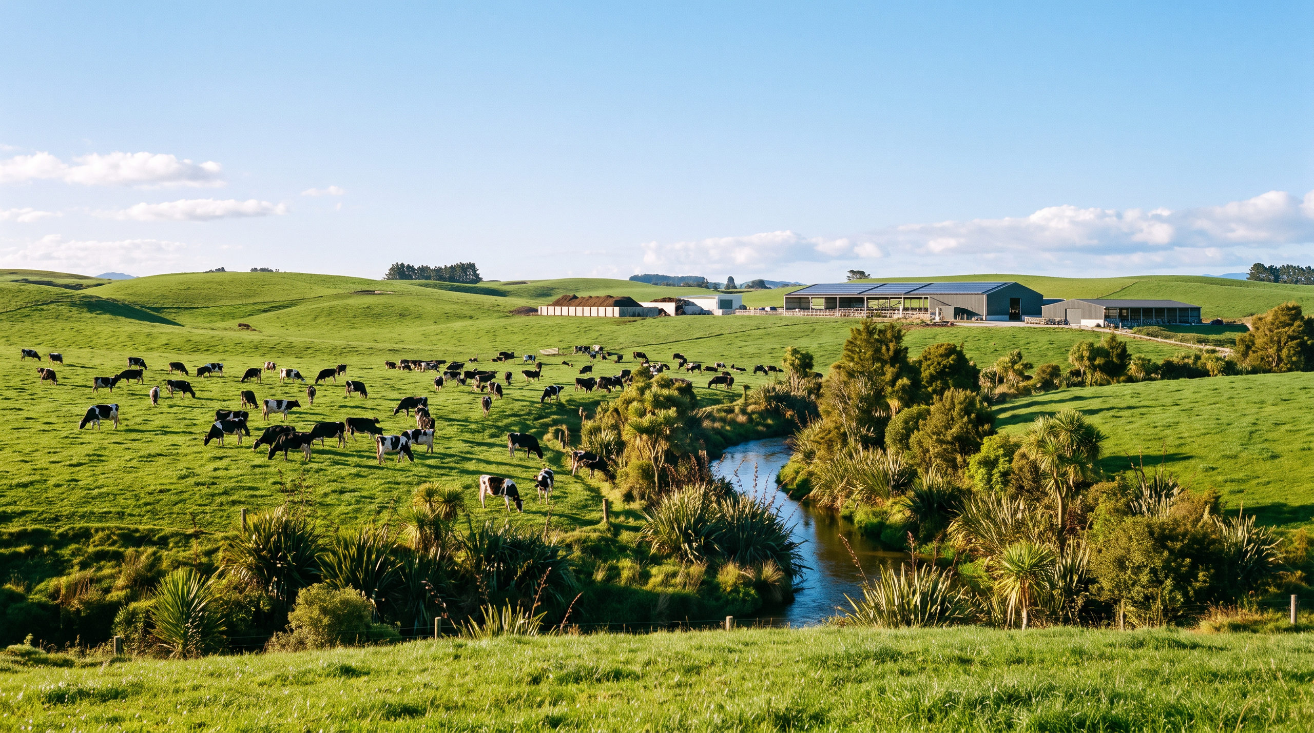 Holstein-Friesian dairy cows grazing on lush green New Zealand pasture with a fenced waterway and modern farm buildings