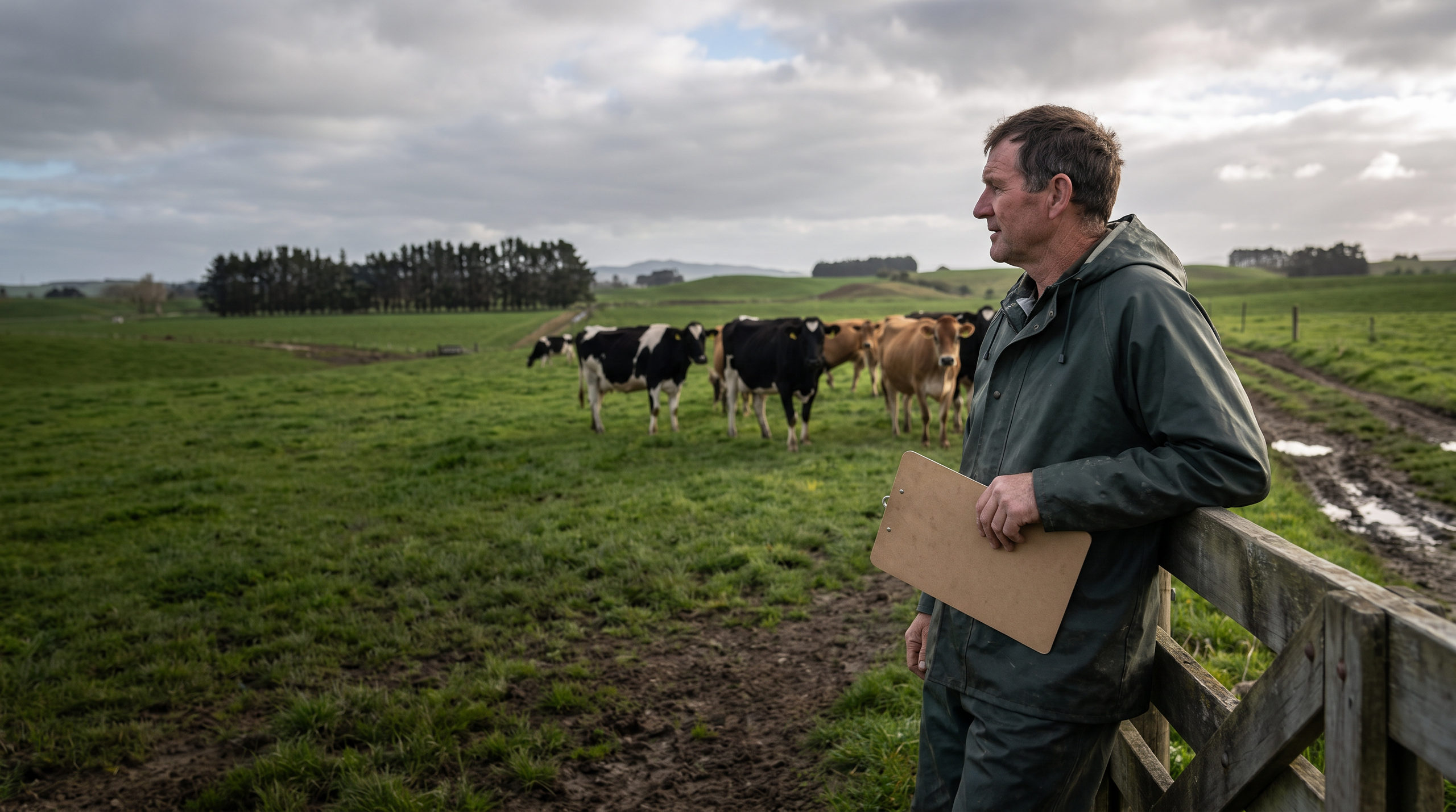 New Zealand dairy farmer reviewing a plain feed budget notebook beside green pasture and a weathered farm gate under a changing spring sky