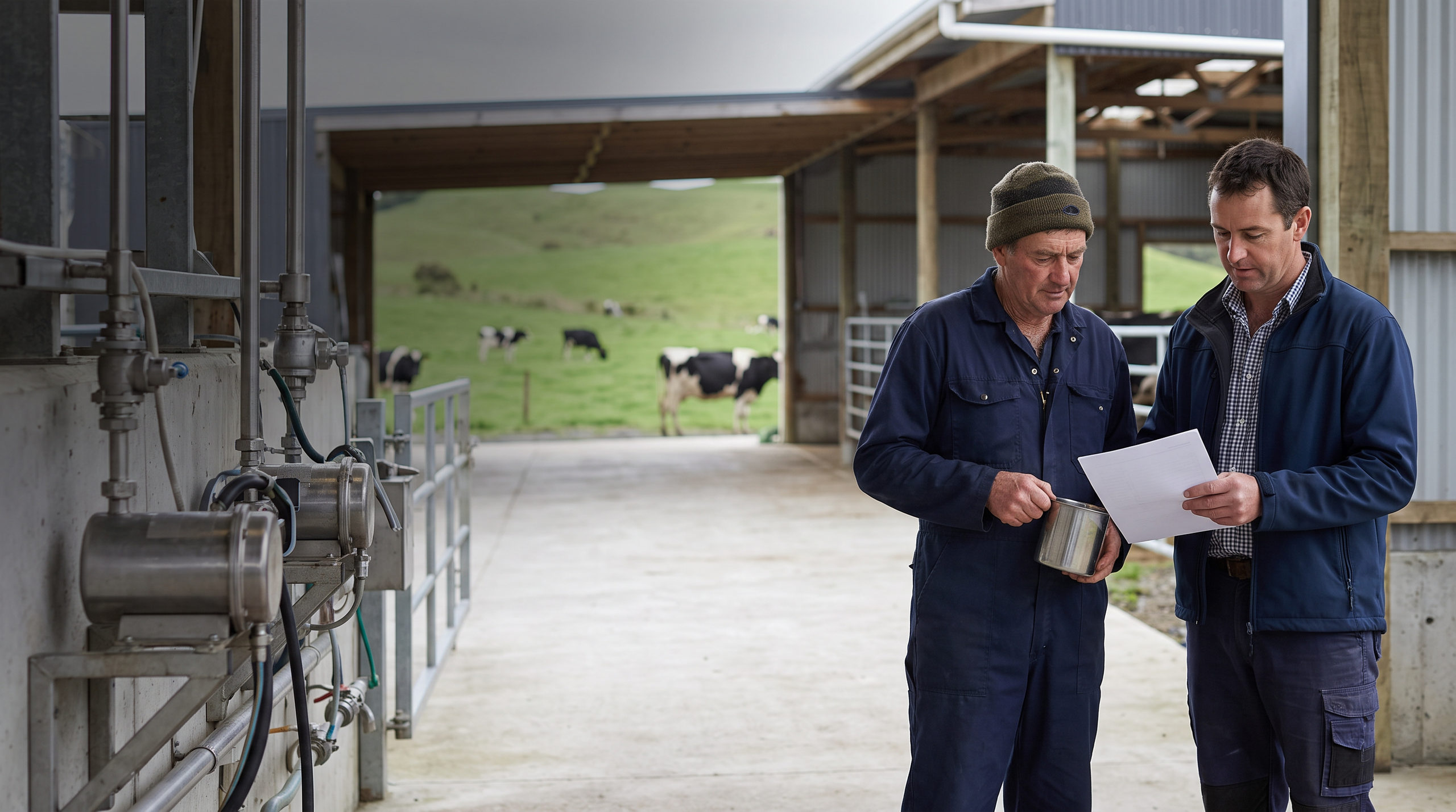 New Zealand dairy farmer and technical colleague reviewing a plain paper record sheet beside unbranded stainless milk-handling equipment in a clean rural workshop