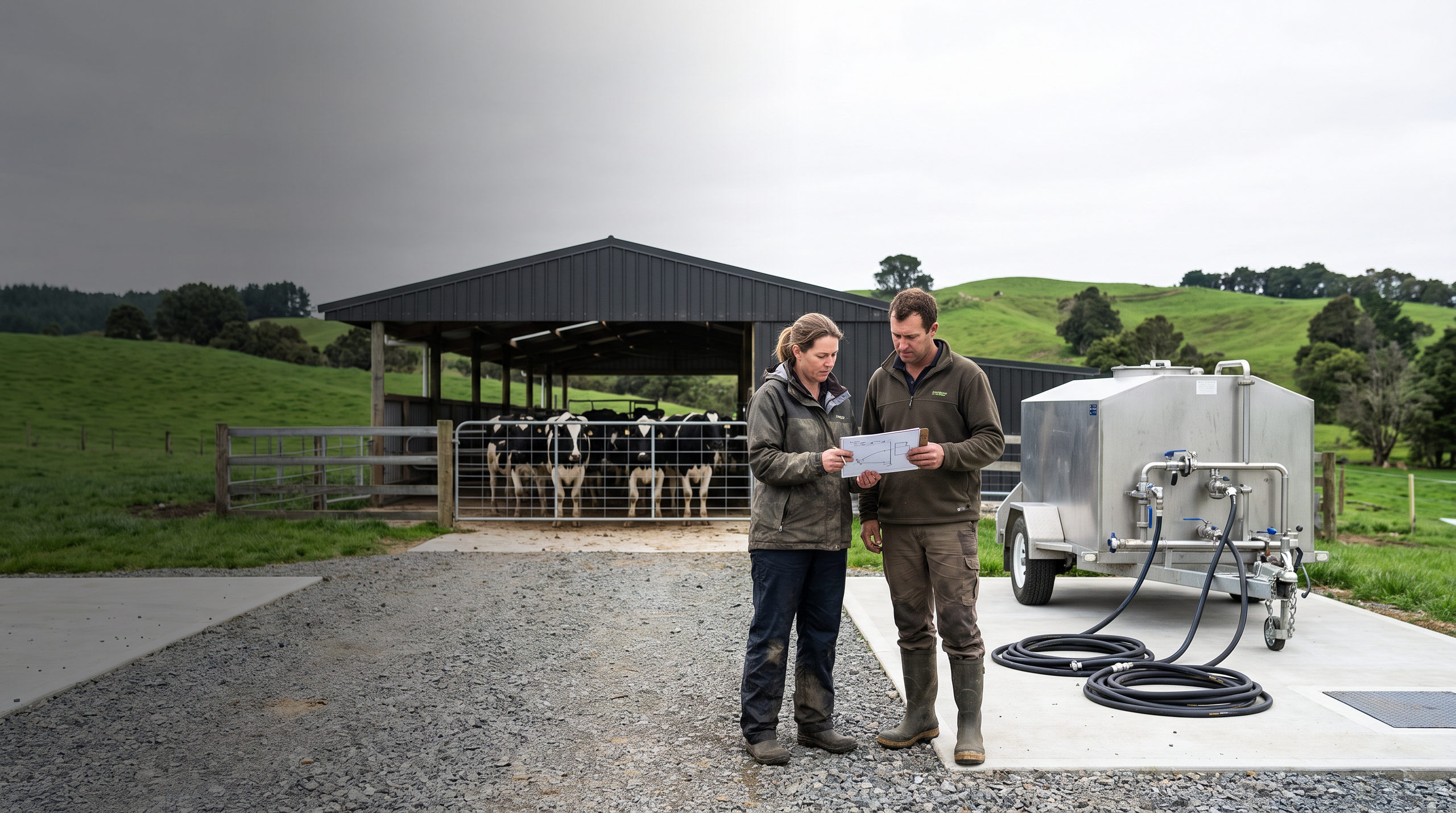Two New Zealand dairy farm team members reviewing a trial layout beside unbranded mobile equipment on a clean pad near a herringbone dairy shed