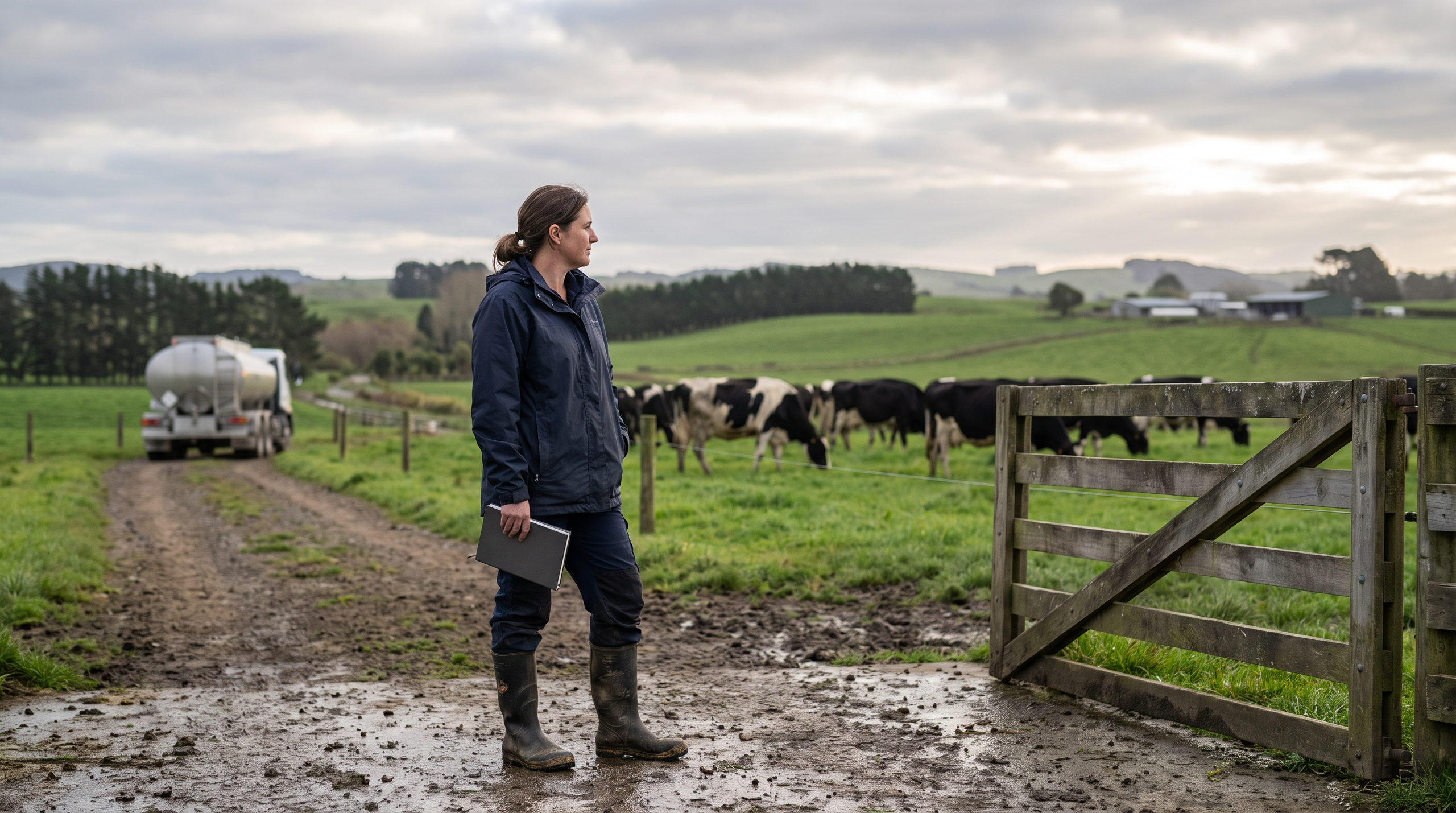 New Zealand dairy farmer reviewing an unbranded seasonal farm notebook beside a pasture gate in early spring light