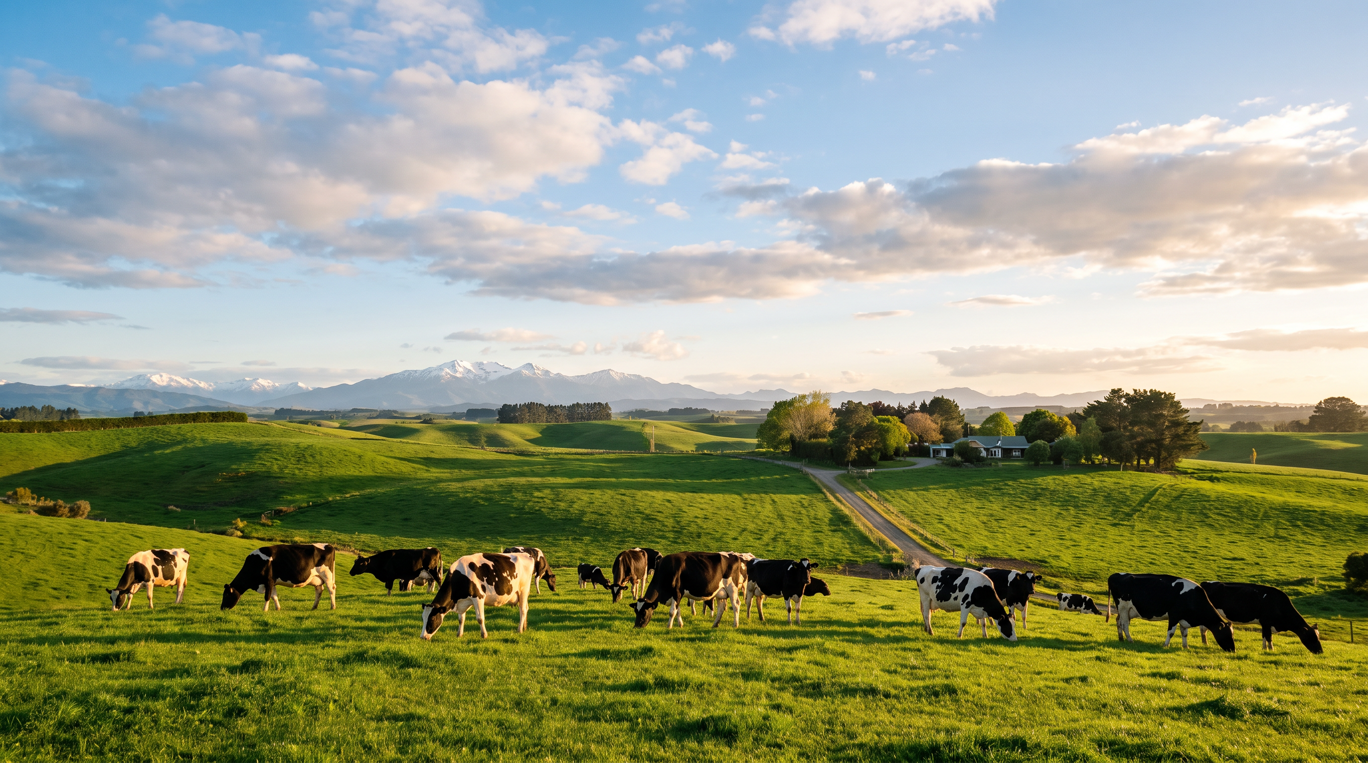 Holstein-Friesian dairy cows grazing on lush green New Zealand pasture with snow-capped mountains