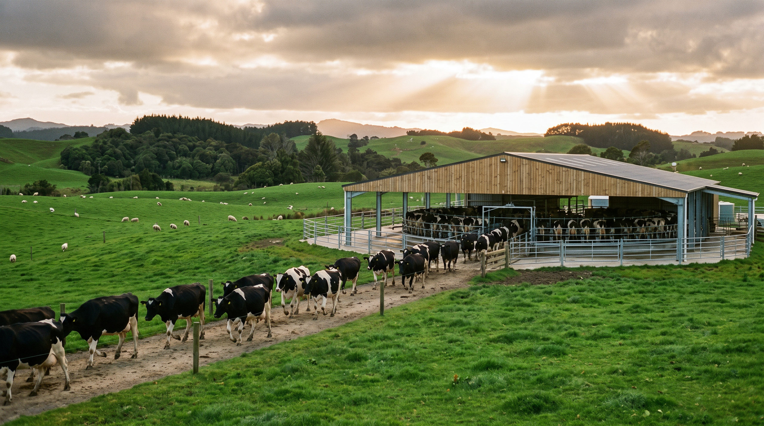 Friesian dairy cows walking along a race track towards a milking shed on a New Zealand farm at golden hour