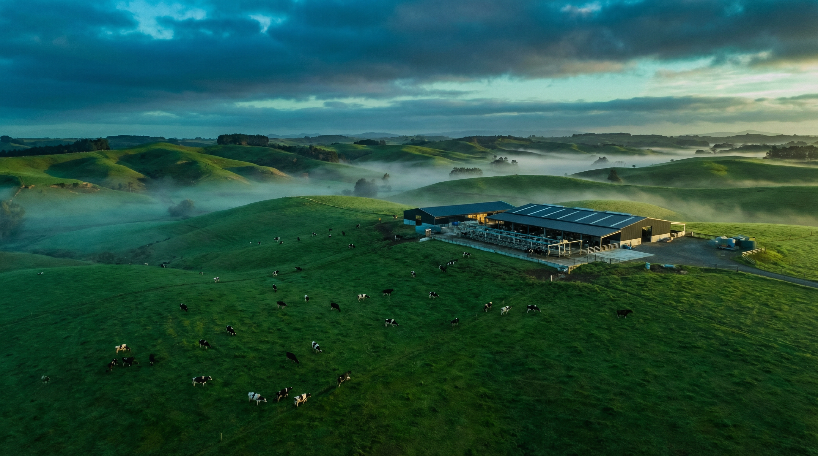 NZ dairy farm at dawn