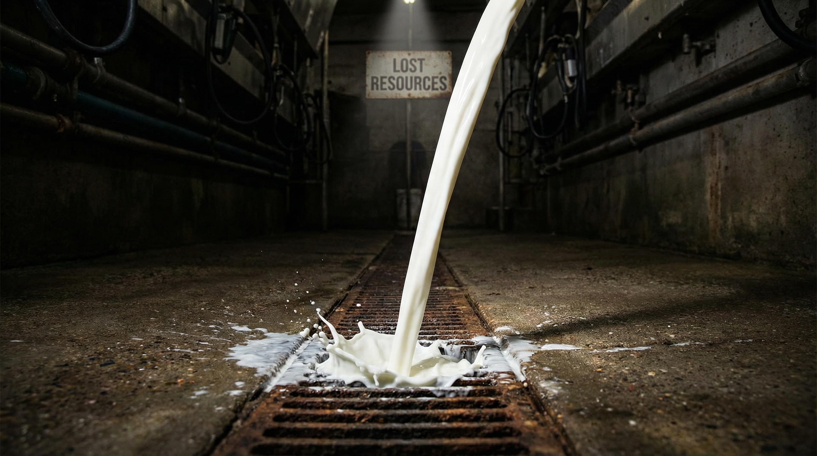 Waste milk pouring down the drain on a NZ dairy farm