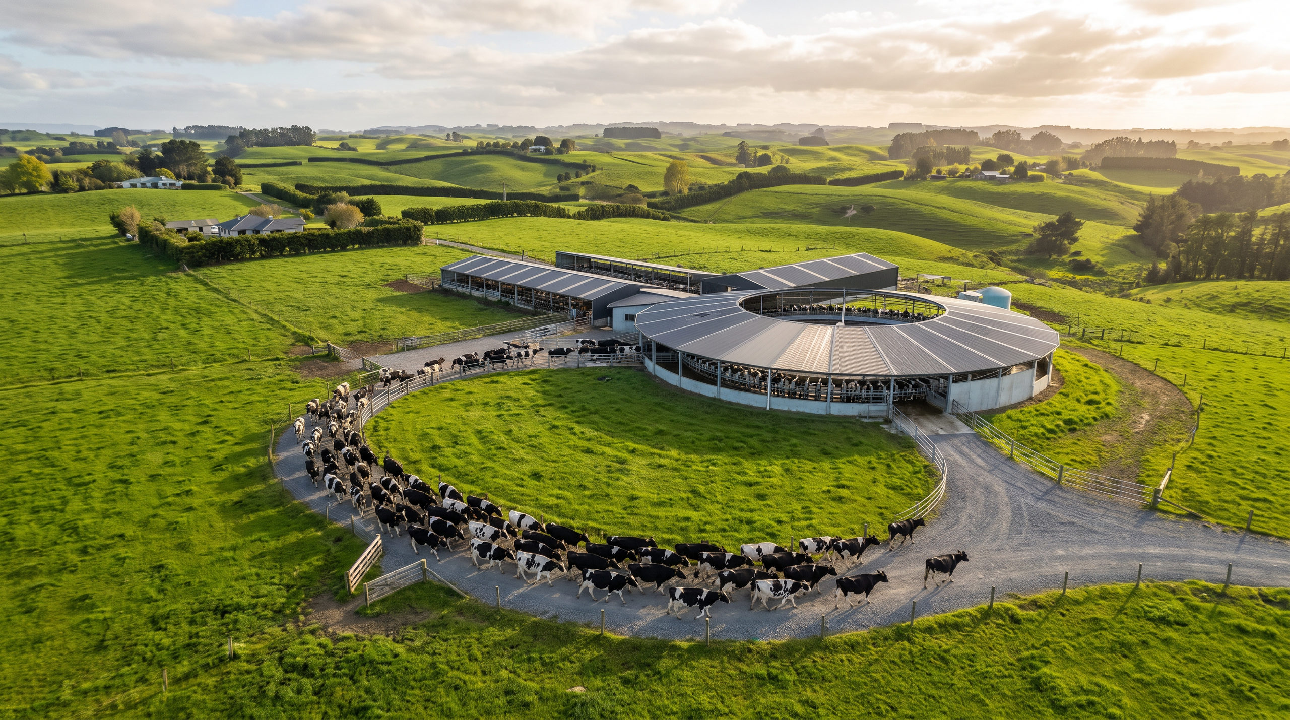 Aerial view of a New Zealand dairy farm with Friesian cows heading to the rotary milking shed, lush green rolling hills