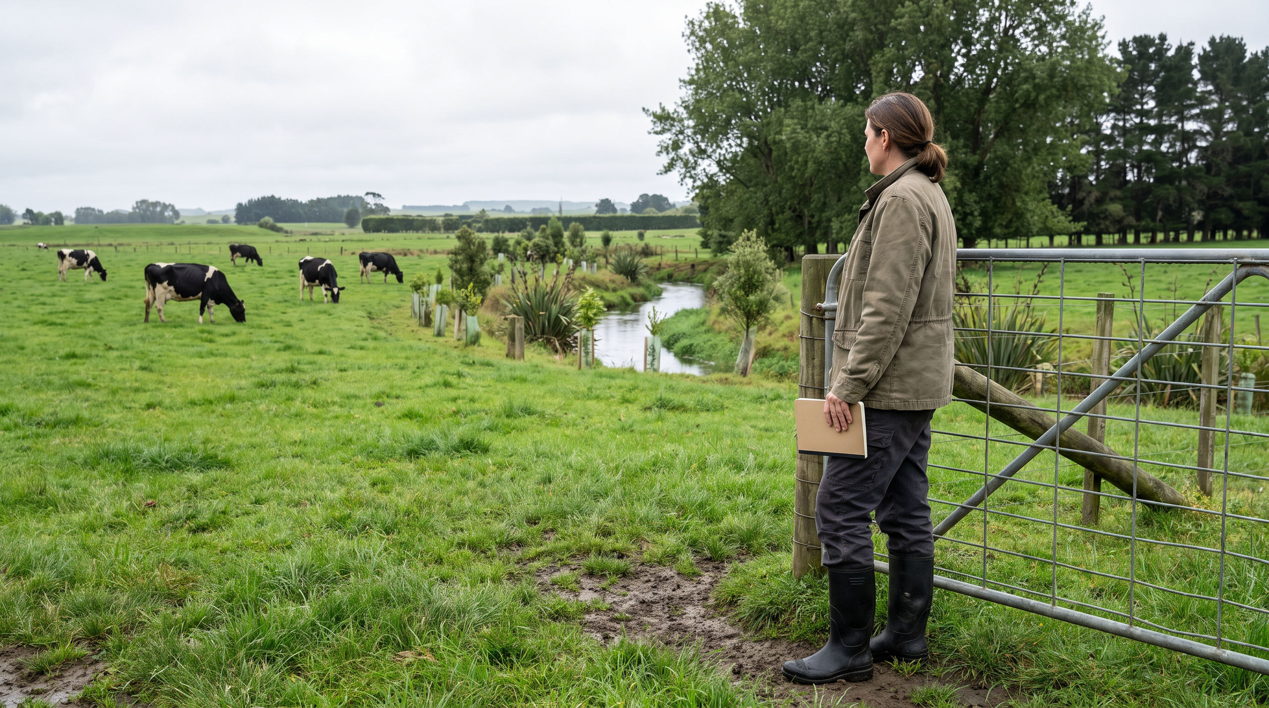 An anonymous woman farmer at a gate overlooking New Zealand dairy pasture and native planting