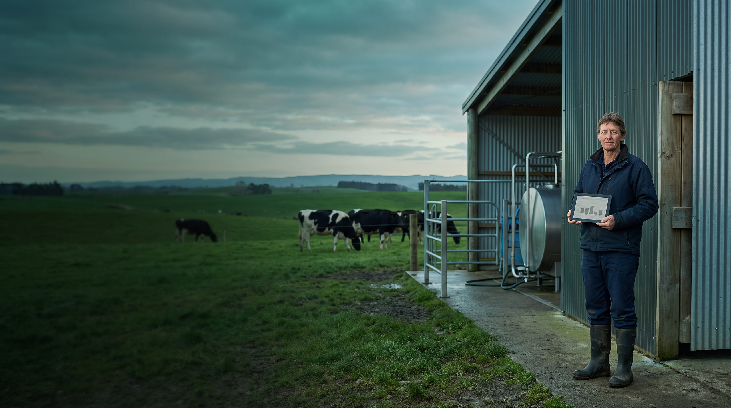 New Zealand dairy farmer viewing global commodity-market notes on a tablet beside a dairy paddock at early spring sunrise