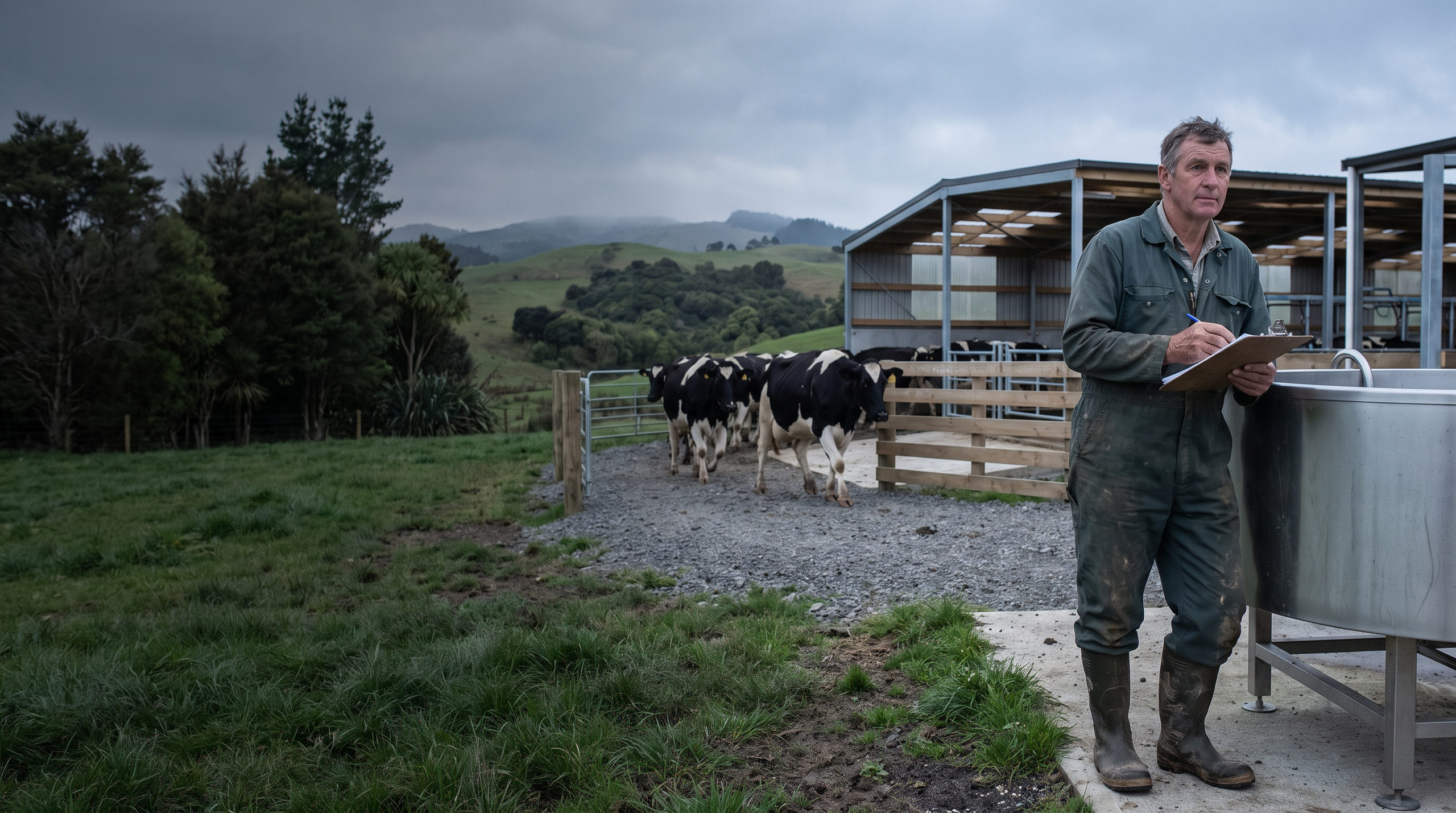 Dairy farm manager recording diverted milk beside a stainless steel vat on a New Zealand farm