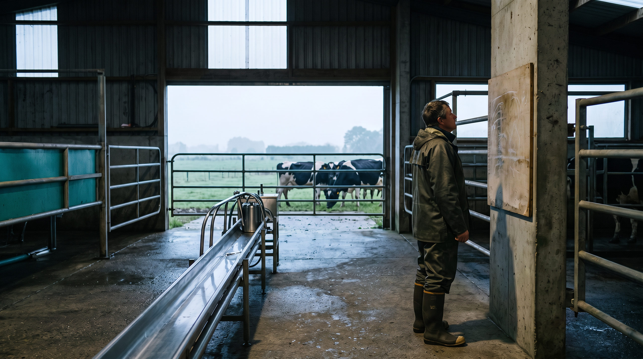 New Zealand dairy farm manager reviewing an unlabelled milk-routing board inside a herringbone shed with Friesian cows beyond the gate
